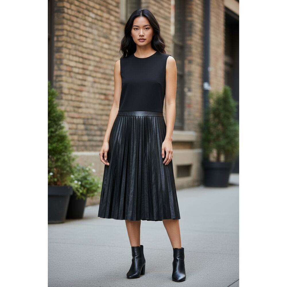 Andrew Marc Marc New York black faux leather pleated midi dress sleeveless small